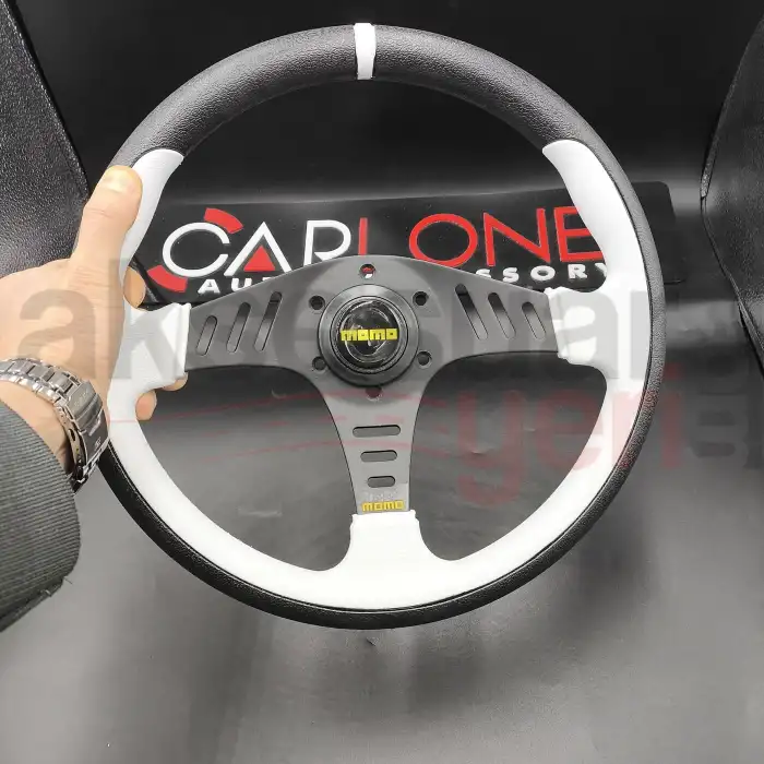 Momo Spor Direksiyon 32cm Yarıklı Beyaz Detaylı- Yarış Spor Direksiyonu