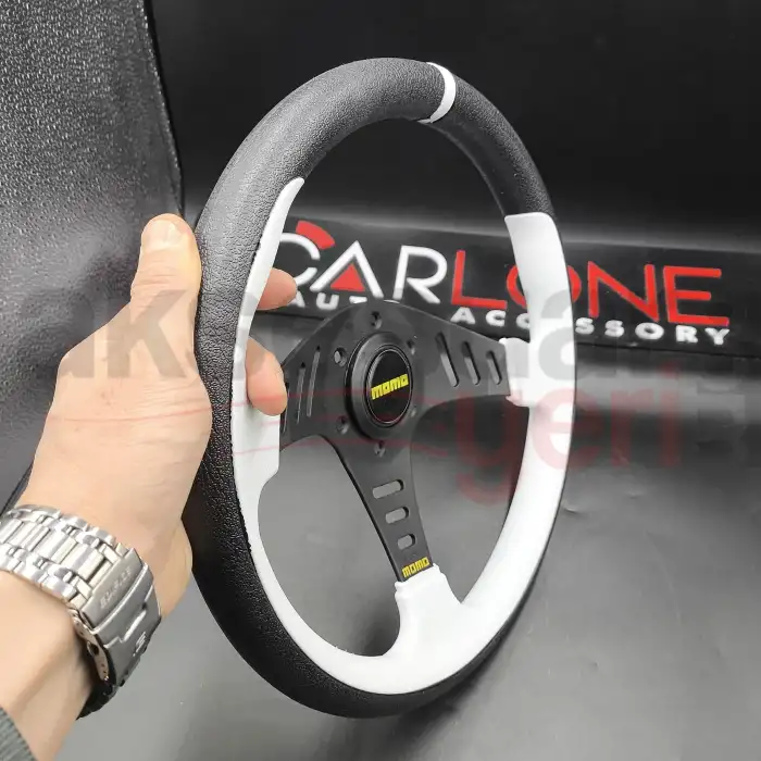 Momo Spor Direksiyon 32cm Yarıklı Beyaz Detaylı- Yarış Spor Direksiyonu