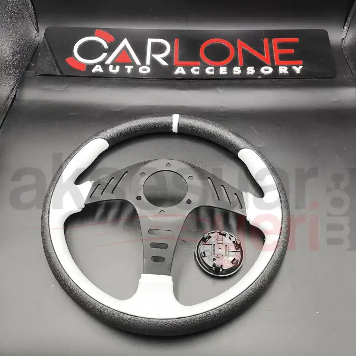 Momo Spor Direksiyon 32cm Yarıklı Beyaz Detaylı- Yarış Spor Direksiyonu