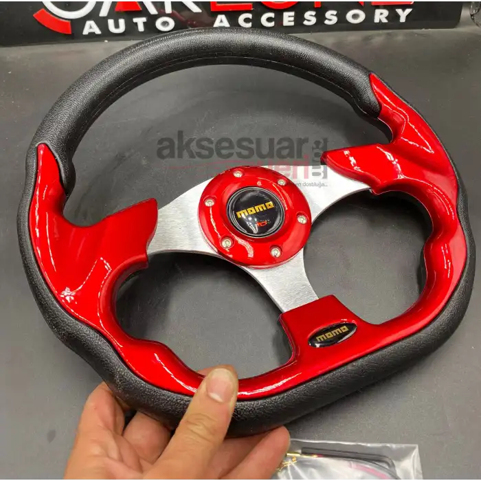 Momo Spor Direksiyon 32cm Kırmızı Altı Kesikli Yarış Spor Direksiyonu