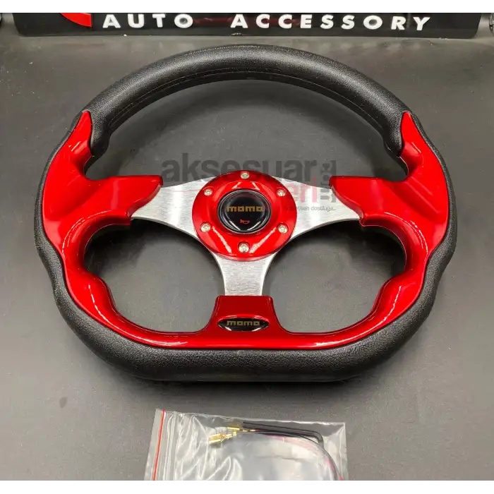 Momo Spor Direksiyon 32cm Kırmızı Altı Kesikli Yarış Spor Direksiyonu