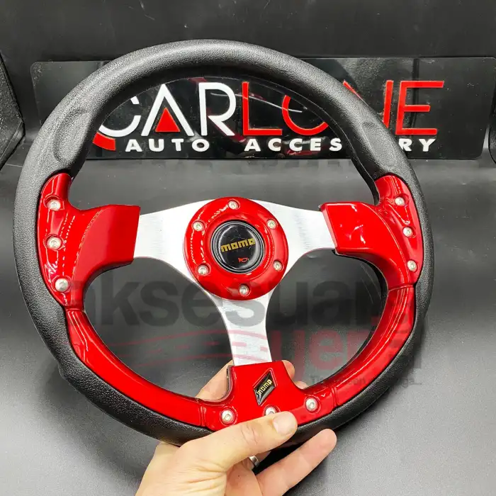 Momo Spor Direksiyon 32cm Kırmızı Göbek Detaylı- Yarış Spor Direksiyonu