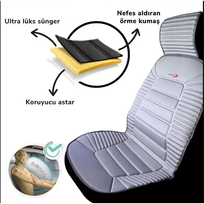 Oto Koltuk Minderi Ortopedik Kalın Süngerli Ön 2 Koltuk Gri Renk Araç Koltuk Koruyucu Kılıf