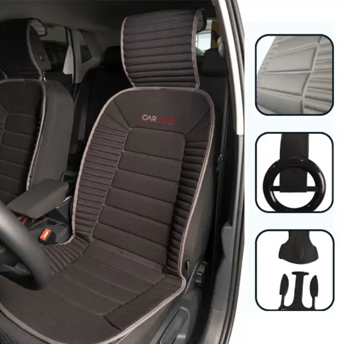 Oto Koltuk Minderi Ortopedik Kalın Süngerli Ön 2 Koltuk Siyah (Gri Kenar) Araç Koltuk Koruyucu Kılıf