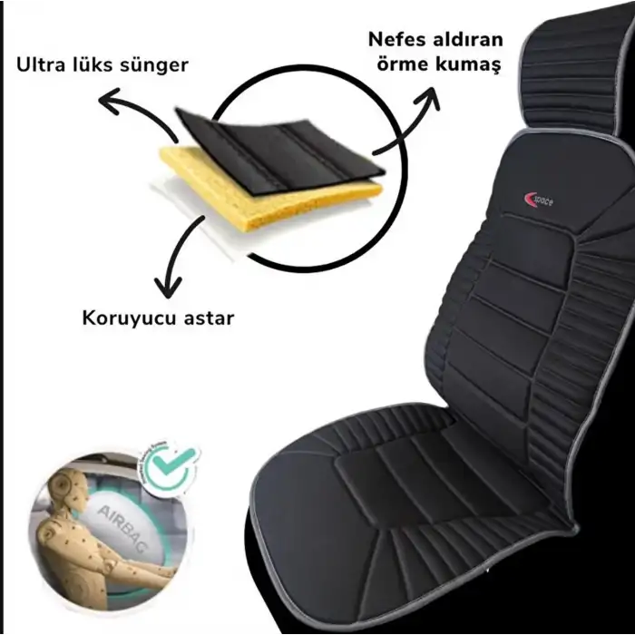 Oto Koltuk Minderi Ortopedik Kalın Süngerli Ön 2 Koltuk Siyah (Gri Kenar) Araç Koltuk Koruyucu Kılıf