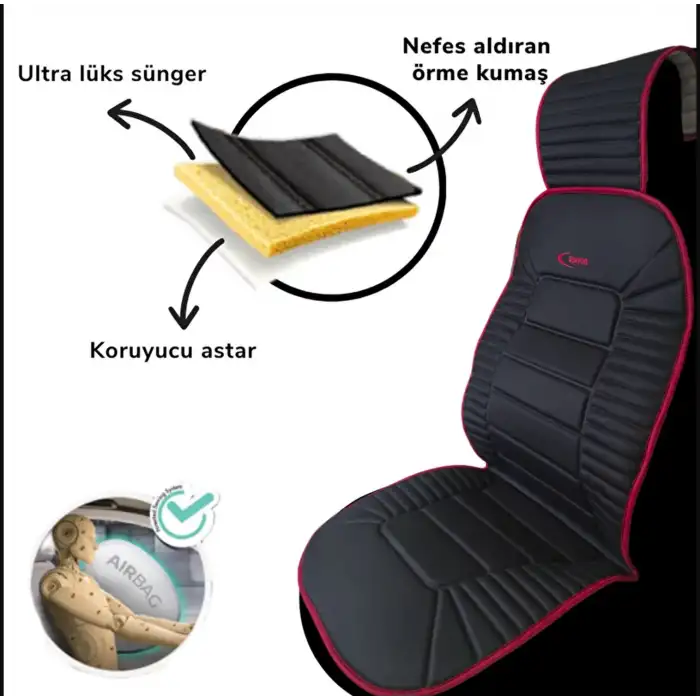 Oto Koltuk Minderi Ortopedik Kalın Süngerli Ön 2 Koltuk Siyah (Kırmızı Kenar) Araç Koltuk Koruyucu Kılıf