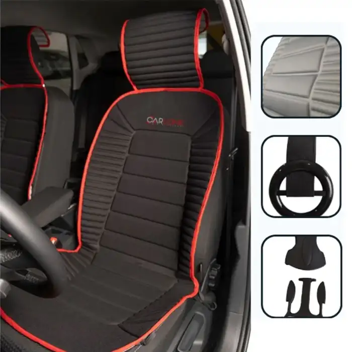 Oto Koltuk Minderi Ortopedik Kalın Süngerli Ön 2 Koltuk Siyah (Kırmızı Kenar) Araç Koltuk Koruyucu Kılıf