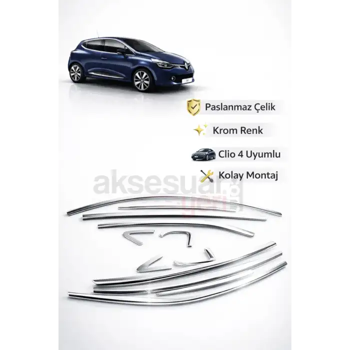 Renault Clio 4 Krom Cam Çıtası Çerçevesi Tam Tur Paslanmaz Çelik