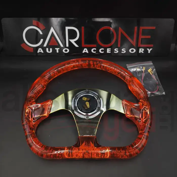 Şeffaf Epoksi Direksiyon Altı Kesikli Momo 32cm Kabarcıklı Direksiyon Kırmızı Renk