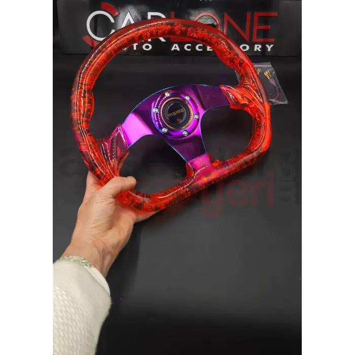 Şeffaf Epoksi Direksiyon Altı Kesikli Momo 32cm Kabarcıklı Direksiyon Kırmızı Renk