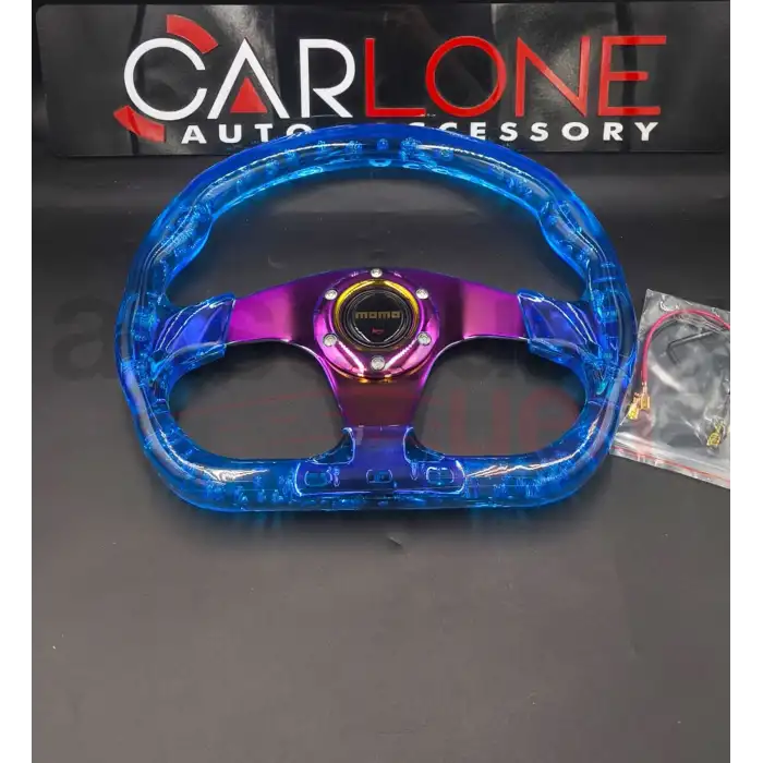 Şeffaf Epoksi Direksiyon Altı Kesikli Momo 32cm Kabarcıklı Direksiyon Mavi Renk