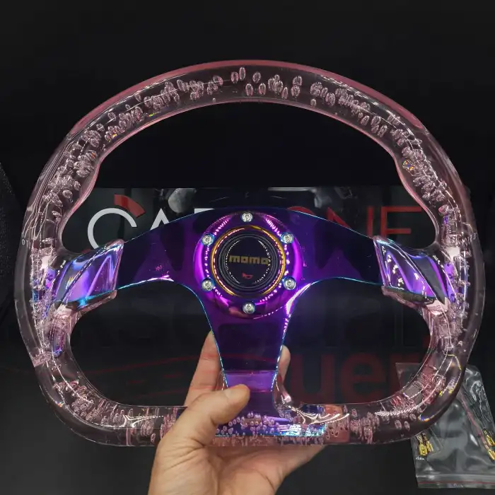 Şeffaf Epoksi Direksiyon Altı Kesikli Momo 32cm Kabarcıklı Direksiyon Pembe Renk