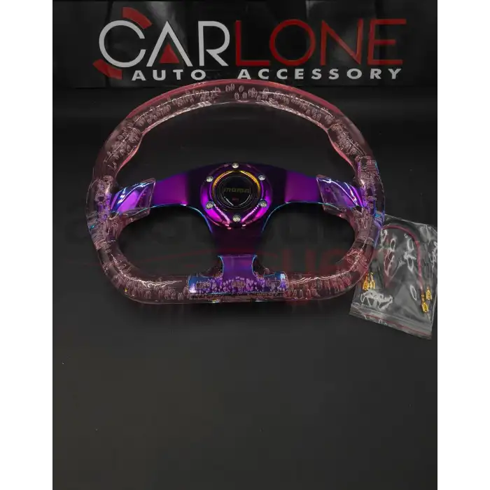 Şeffaf Epoksi Direksiyon Altı Kesikli Momo 32cm Kabarcıklı Direksiyon Pembe Renk