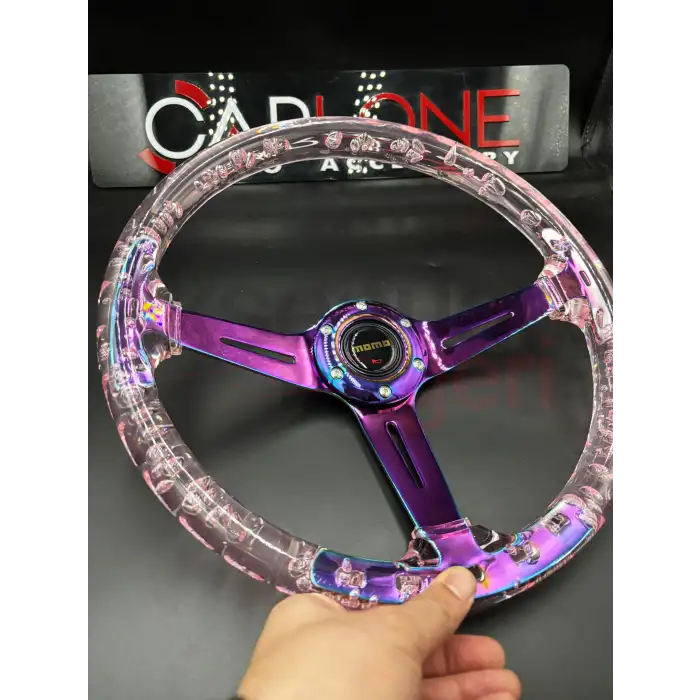 Şeffaf Epoksi Direksiyon Momo 35cm Kabarcıklı Direksiyon Gül Kurusu Pembe Renk