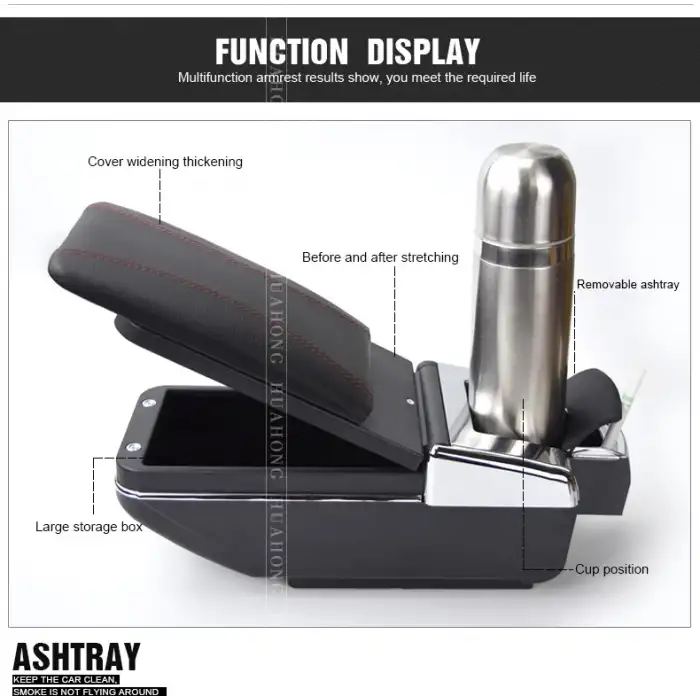 Sürgülü Kolçak Kol Dayama Bardaklık Ve Küllüklü Siyah Deri Kırmızı Dikiş Detay