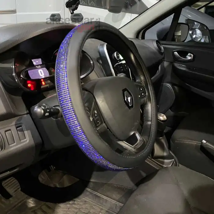 Taşlı Direksiyon Kılıfı Swaroski Diamond Parlak Mavi Geçme Direksiyon Kılıfı 38 cm Çaplı