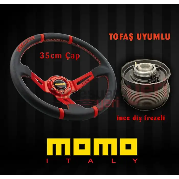 Tofaş Doğan 1995 Üstü Uyumlu 35cm Kırmızı Momo Spor Direksiyon ve Göbeği İnce Diş Freze