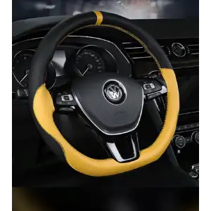 1. Kalite Deri Sarı İpli ve Sarı-Siyah Desenli Direksiyon Kılıfı - Dikmeli Model / A+ Kopmayan İp / Kokusuz Ürün