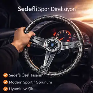 Sedefli Siyah Spor Direksiyon Momo Tip 35cm İthal Krom Detay 3 Kol Çizgili