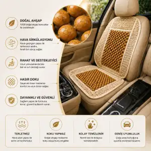 Terletmez Hasır Bambu Ahşap Oto Koltuk Minderi Bej Renk File Detay 1 Adet