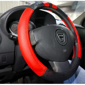 Geçme Deri Direksiyon Kılıfı - Spor Görünüm - Delikli Siyah Kırmızı Renk - 38cm