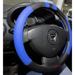 Geçme Deri Direksiyon Kılıfı - Spor Görünüm - Delikli Siyah Mavi Renk - 38cm