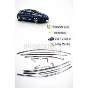 Renault Clio 4 Krom Cam Çıtası Çerçevesi Tam Tur Paslanmaz Çelik