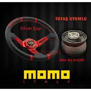 Tofaş Doğan 1995 Üstü Uyumlu 35cm Kırmızı Momo Spor Direksiyon ve Göbeği İnce Diş Freze