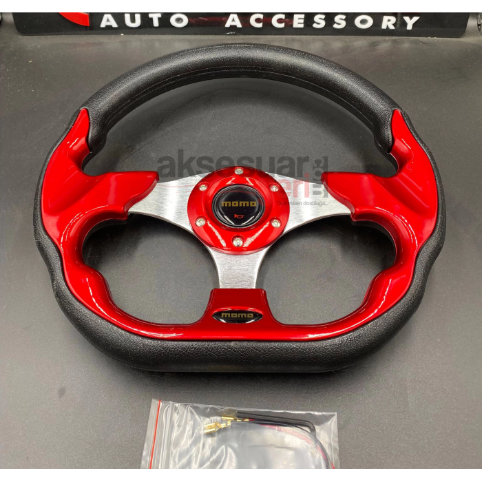 Momo Spor Direksiyon 32cm Kırmızı Altı Kesikli Yarış Spor Direksiyonu