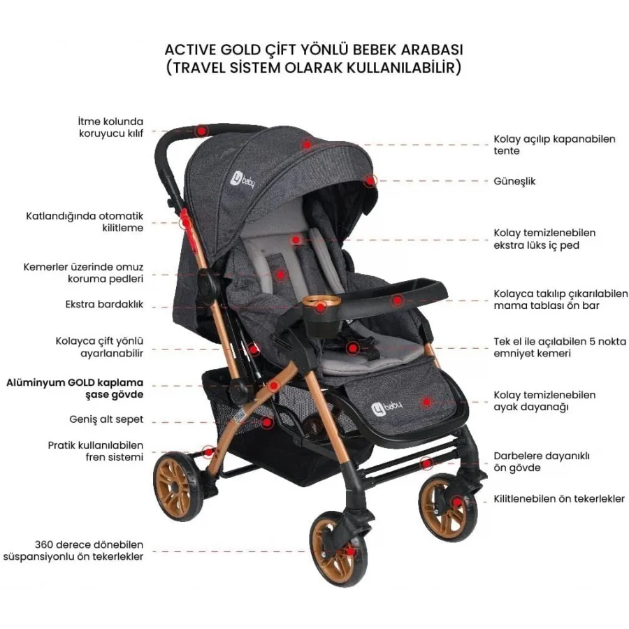 4 Baby AB-310 Active Gold Çift Yönlü Bebek Arabası - Antrasit