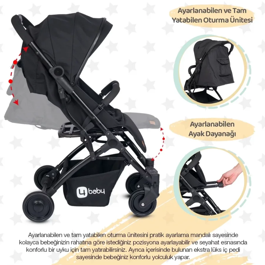 4 Baby AB-383 Drone Sky Siyah Kabin Tipi Bebek Arabası