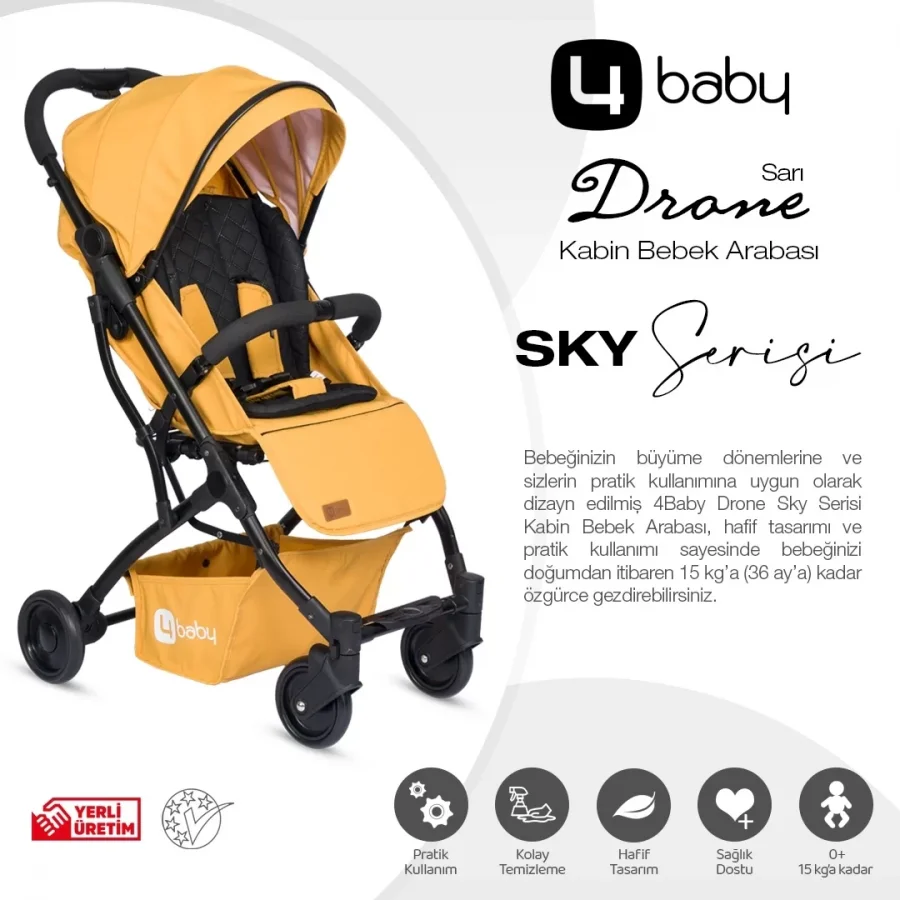 4 Baby AB-383 Drone Sky Siyah Kabin Tipi Bebek Arabası - Sarı