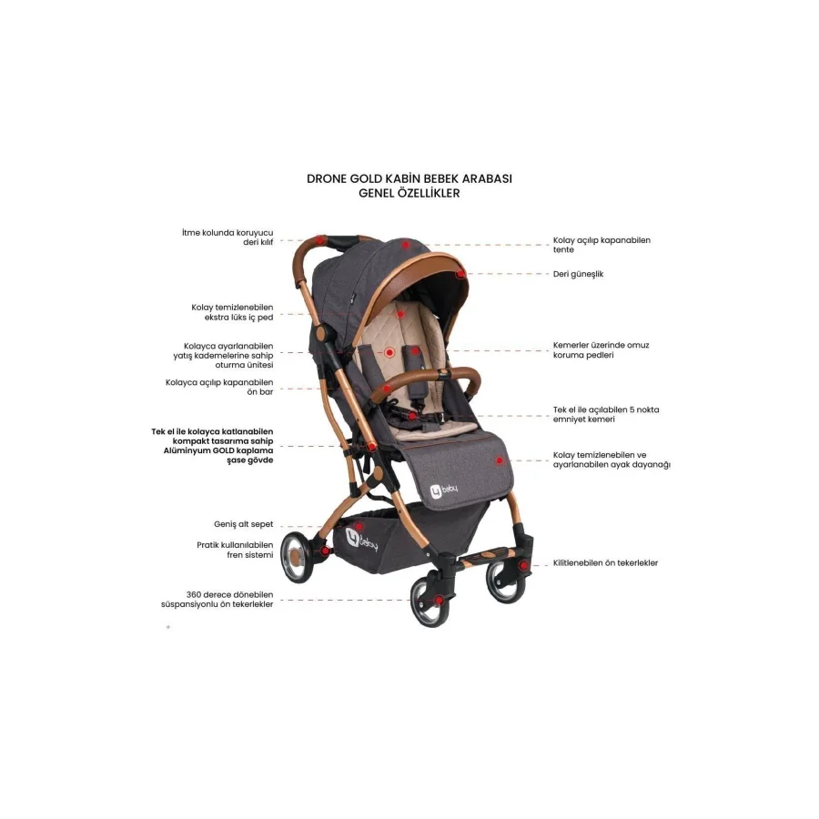 4 Baby Drone Gold Antrasit Kabin Boy Bebek Arabası