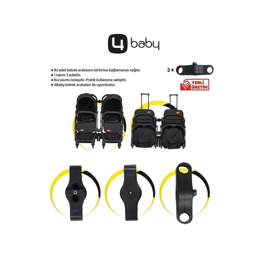 4 Baby Drone Kabin İkiz Aparatlı Bebek Arabası / Siyah