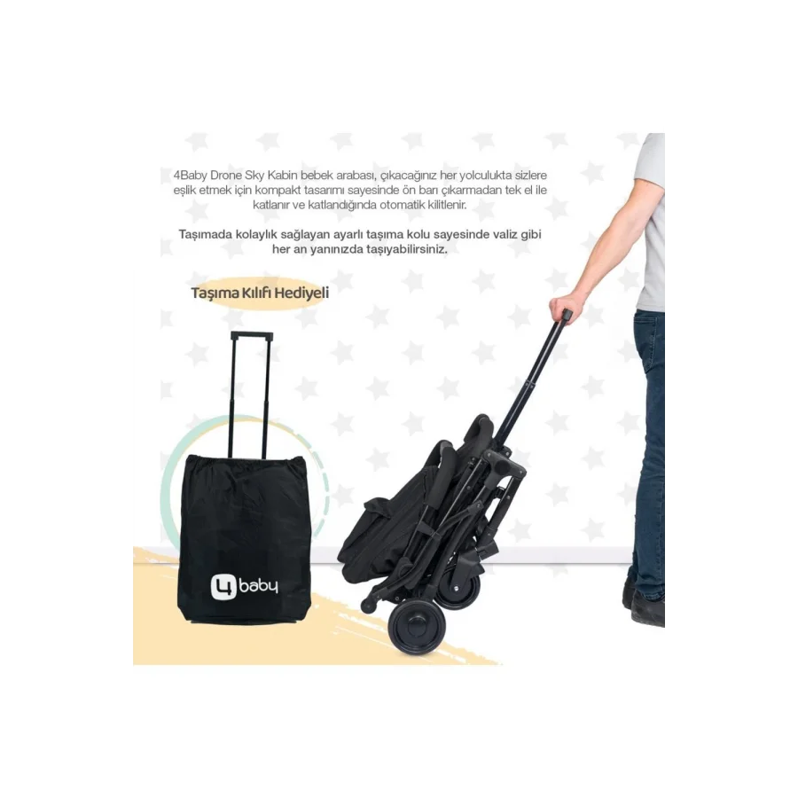 4 Baby Drone Kabin İkiz Aparatlı Bebek Arabası / Siyah