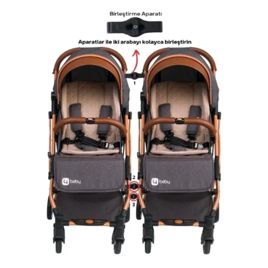 4 Baby Drone Kabin İkiz Aparatlı Bebek Arabası / Antrasit