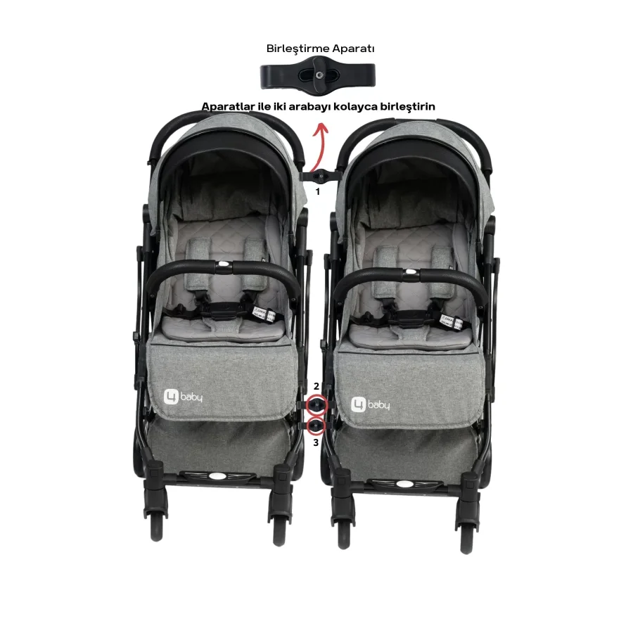 4 Baby Drone Kabin İkiz Aparatlı Bebek Arabası / Gri