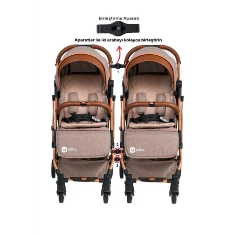 4 Baby Drone Kabin İkiz Aparatlı Bebek Arabası / Kahve