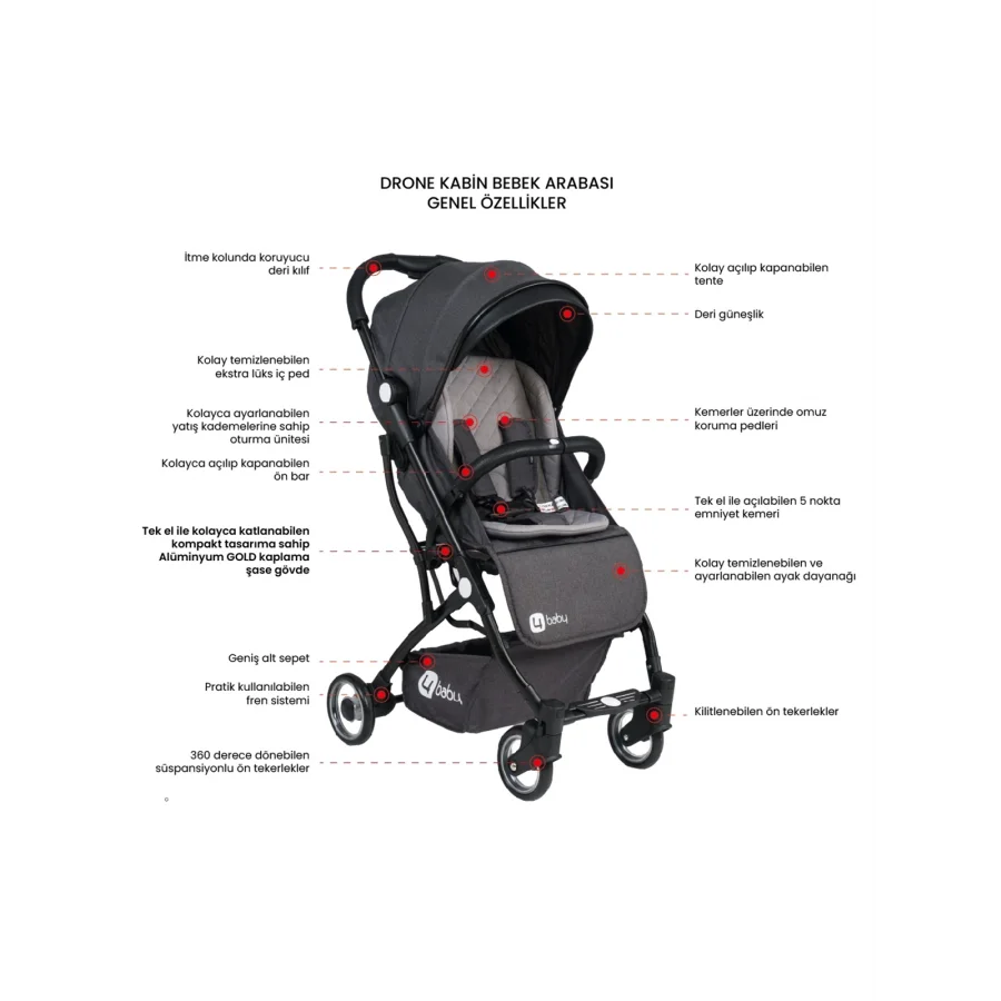 4 Baby Drone Siyah Kabin Boy Bebek Arabası - Antrasit