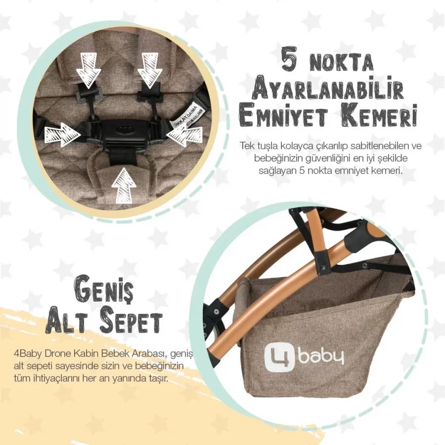 4 Baby Drone Travel Sistem Bebek Arabası Gold / Kahve