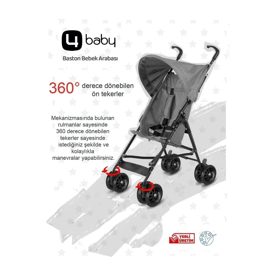 4 Baby Easy Pratik Baston Bebek Arabası - Gri