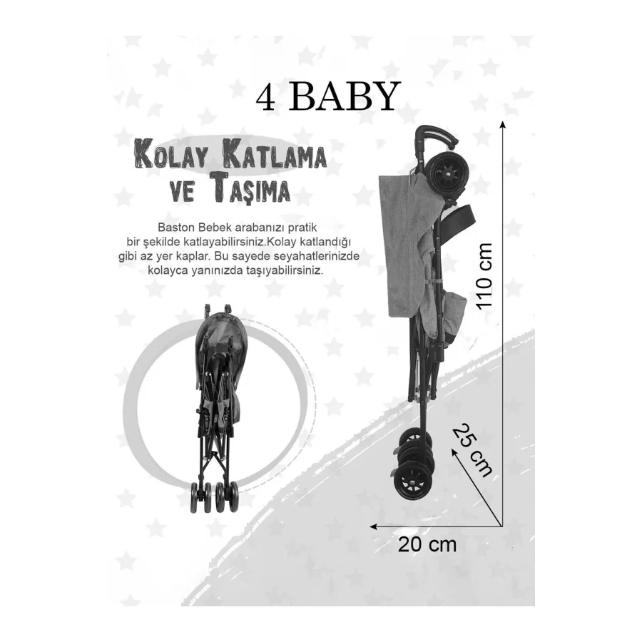 4 Baby Easy Pratik Baston Bebek Arabası - Gri