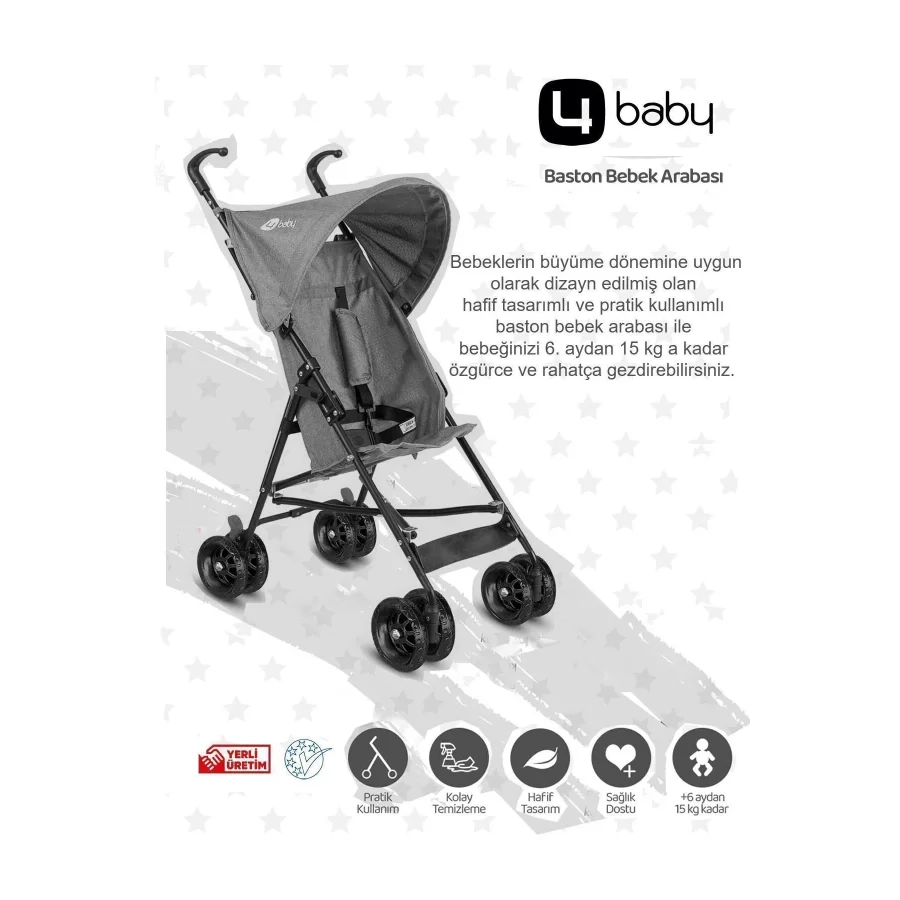 4 Baby Easy Pratik Baston Bebek Arabası - Gri