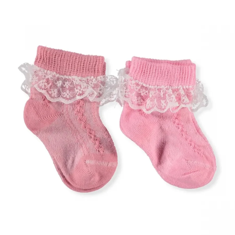Aziz Bebe 2li Dantelli Pembe Kız Bebek Çorabı