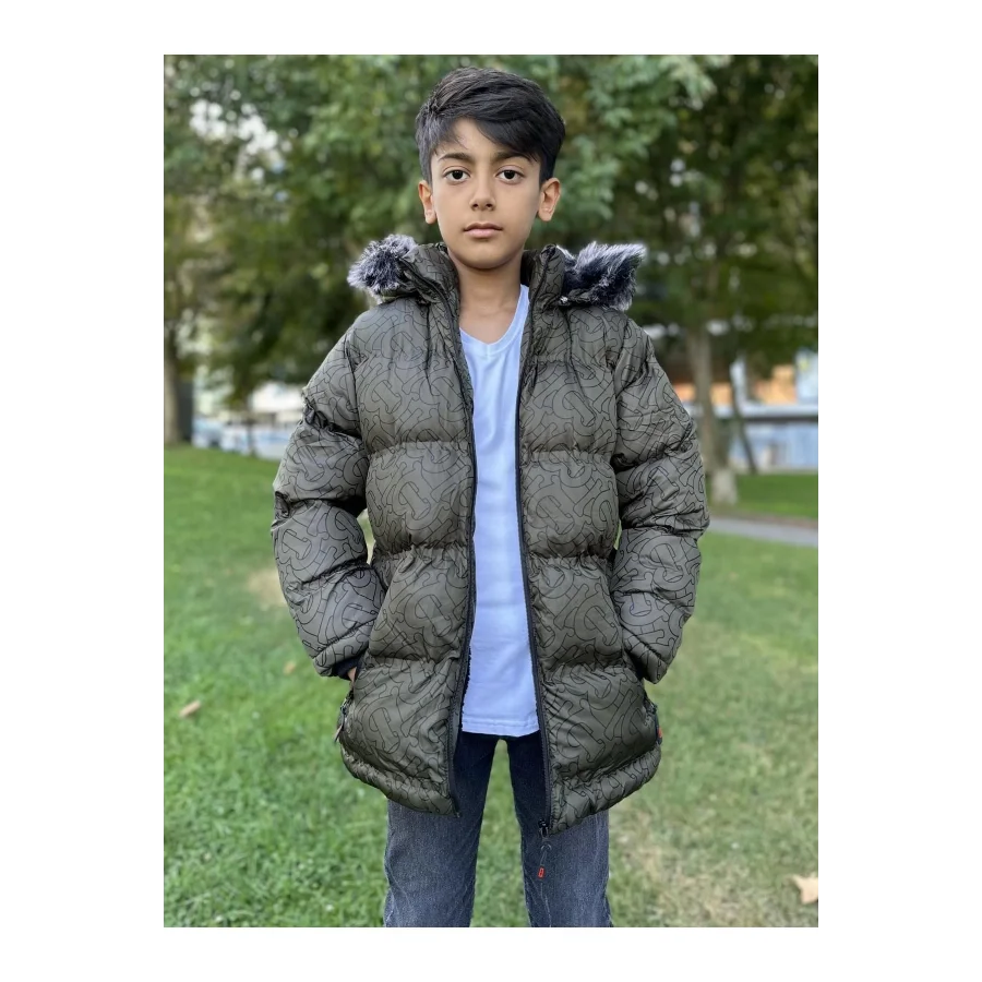 Babymiss Baskılı Kapüşonlu Unisex Çocuk Şişme Mont - Haki