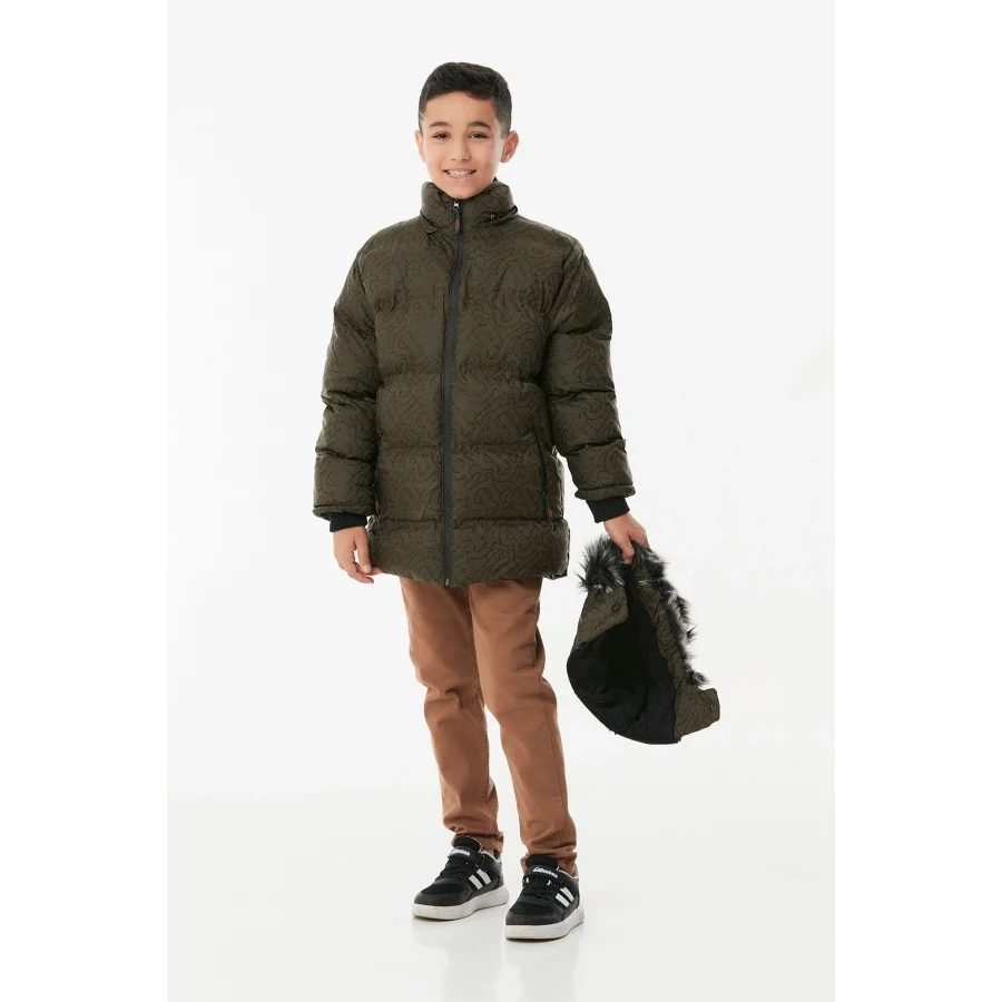 Babymiss Baskılı Kapüşonlu Unisex Çocuk Şişme Mont - Haki