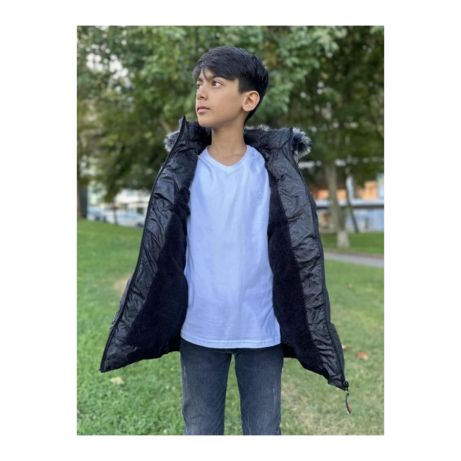 Babymiss Baskılı Kapüşonlu Unisex Çocuk Şişme Mont - Siyah