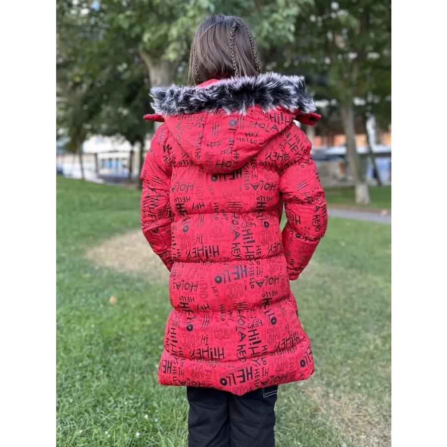 Babymiss Kız Çocuk Çıkarılabilir Kapüşonlu Cepli Baskılı Şişme Mont - Kırmızı