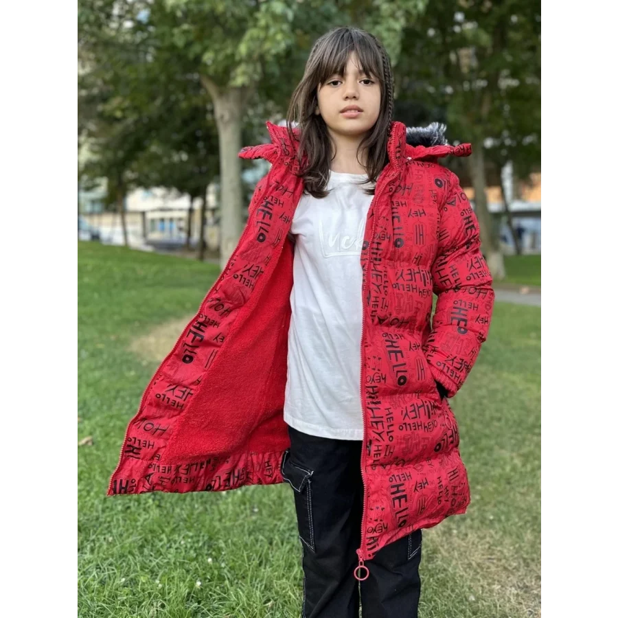 Babymiss Kız Çocuk Çıkarılabilir Kapüşonlu Cepli Baskılı Şişme Mont - Kırmızı