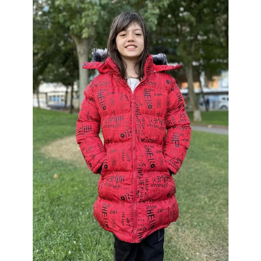 Babymiss Kız Çocuk Çıkarılabilir Kapüşonlu Cepli Baskılı Şişme Mont - Kırmızı